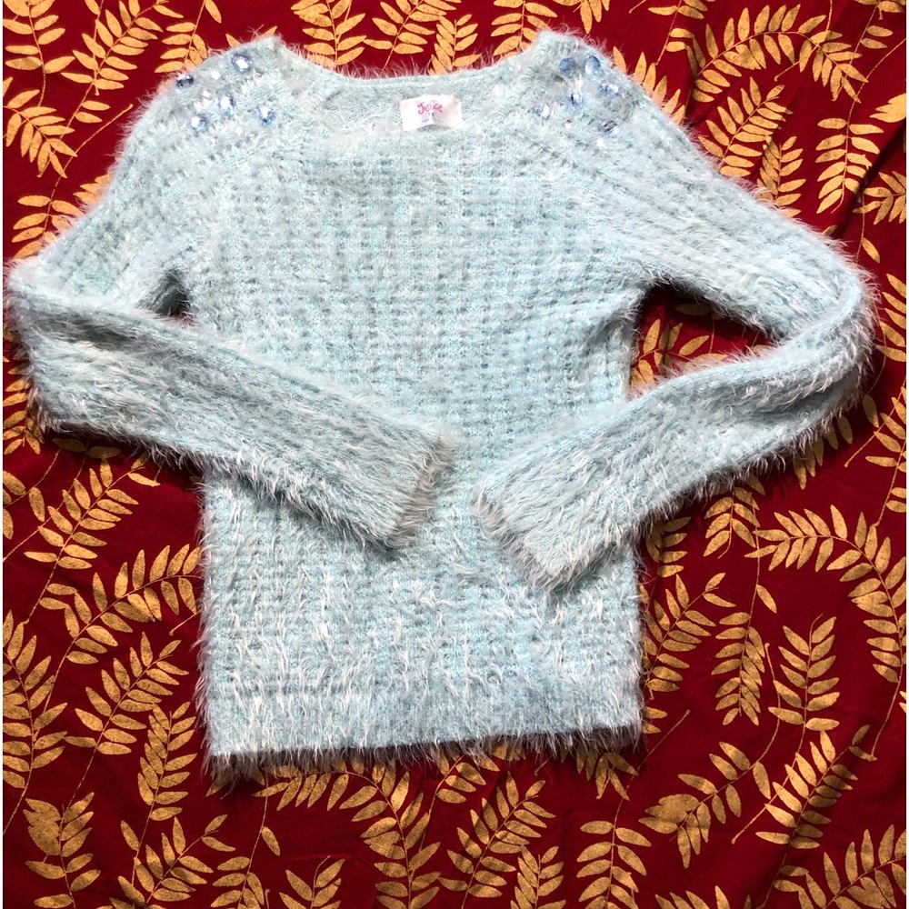 Justice Fuzzy Jeweled Sweater Blue Youth Size 14
